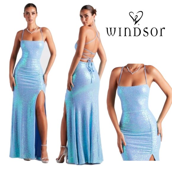 WINDSOR Terecia Icy Blue Formal Sequin Lace-Up Mermaid Dress - Size XS - Picture 1 of 9
